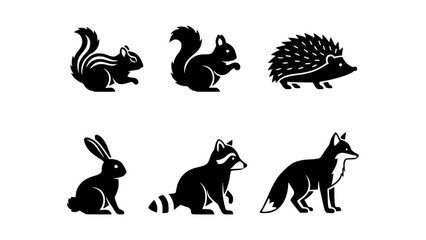 A collection of six adorable small woodland animal silhouettes presented in black and white