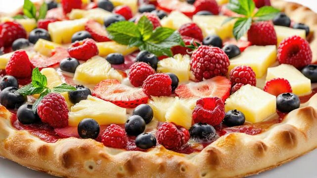A unique pizza topped with fresh fruit and mint leaves, perfect for a healthy snack or dessert