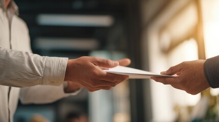 Closeup of hands exchanging document in business setting, professional office deal or agreement, corporate handshake symbolizing collaboration, trust, and transaction in workplace environment.