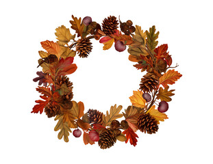 A fall wreath made of twigs, colorful leaves, and pine cones isolated on a transparent background