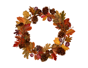 A fall wreath made of twigs, colorful leaves, and pine cones isolated on a transparent background