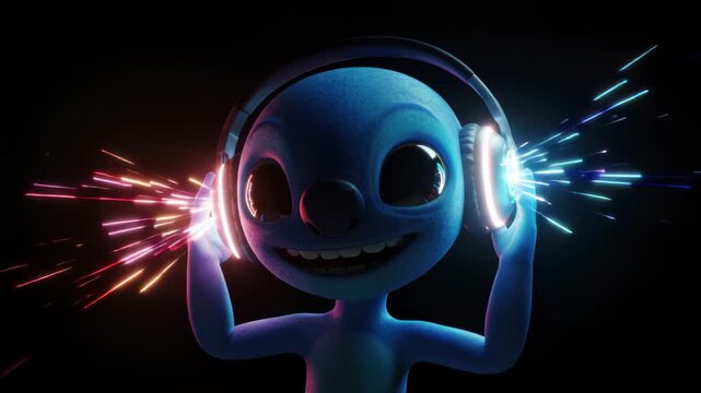 Energetic blue alien animation with headphones and vibrant light effects on a dark background