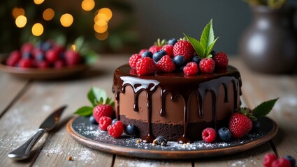 Decadent Chocolate Drip Cake with Fresh Berries &ndash; Gourmet Dessert on Rustic Wooden Table