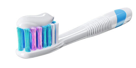 A closeup shot of a toothbrush with a dollop of vibrant toothpaste isolated on transparent background