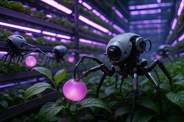 Futuristic spider like agricultural robot harvesting glowing fruit in vertical farm