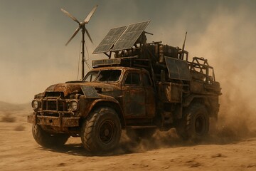 Fototapeta premium Post apocalyptic scavenger truck with solar panels driving in the desert