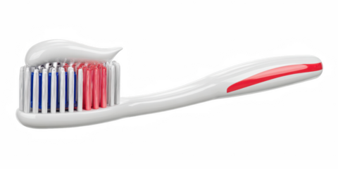 Closeup of a toothbrush with red and blue bristles and a dab of toothpaste isolated on transparent background