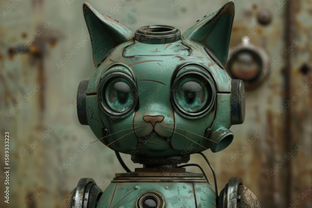 Aufkleber close up of a steampunk robot cat showcasing intricate details and metallic textures against a blurr