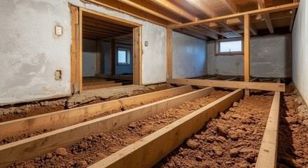 Obraz premium Crawl space with exposed soil and wooden beams for home construction or renovation design