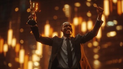 A successful businessman, holding a golden trophy in triumphant pose amidst confetti and dynamic lighting, representing the peak of achievement