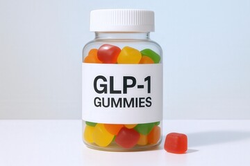 Closeup of transparent bottle with GLP-1 gummies for nutrition and wellness