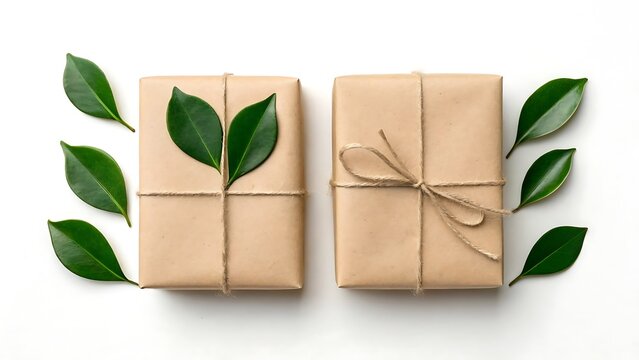 Kraft Gift Packaging with Leaves on White Background