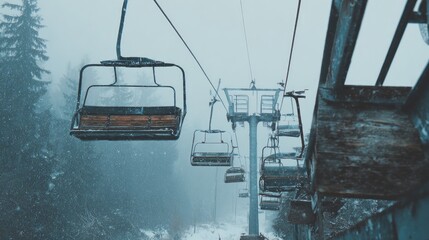Vintage ski lift scene with empty wooden chairlifts moving above snowy forest, film photography aesthetic, cold blue tones