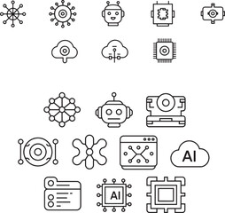 Artificial intelligence and neural network icon set in outline style representing ai technology brain computing deep learning and data science development