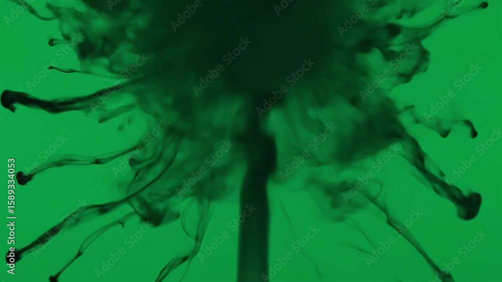 Poster dark ink drop explosion in slow motion on a green background creating smoke effects
