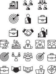 Business and office icon set with outline and filled styles showing teamwork leadership career planning communication and corporate productivity symbols