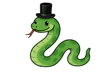Naklejka premium Charming Cartoon Green Snake with Top Hat on Black Background Illustration