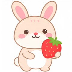 Cartoon Bunny Holding A Red Strawberry Against A White Background In Pastel Colors