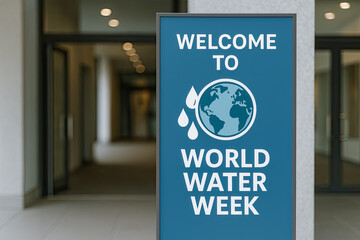 Indoor welcome sign for World Water Week with globe and water drop icons in a clean hallway