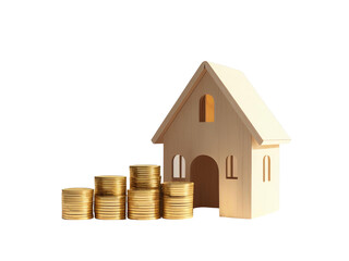 Element Isolated Transparent personal finance House model and coins, white isolate background PNG DIE-CUT for advertising