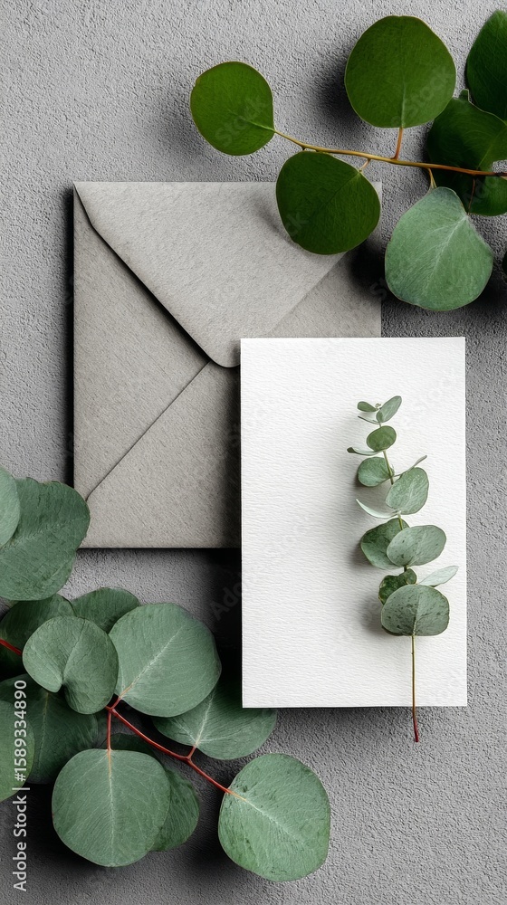 Poster elegant flat lay of a botanical card and envelope on a textured surface with green leaves.