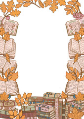 Autumn books illustration frame. Children school study background border with yellow foliage. Leaves fall design. Back to school season.
