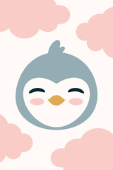 Cute Smiling Penguin Face with Pink Clouds Illustration. Ideal for children's decor and designs, this charming image exudes warmth and playfulness.