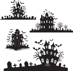 Haunted house silhouette set with bats and trees representing halloween night horror theme suitable for spooky party invitations scary decorations or ghostly design concepts