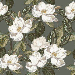 Fashion seamless floral pattern with white tropical magnolia flowers with leaves on vintage green background. Template design for textiles, interior, clothes, wallpaper. Botanical art, Vintage style © Mary fleur
