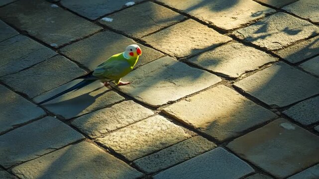 Colorful Parrot Walking on Sunlit Cobblestone Path
