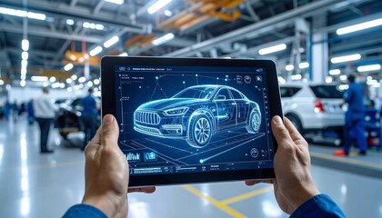 A person holding a tablet displaying a 3D car model over an automotive factory setting
