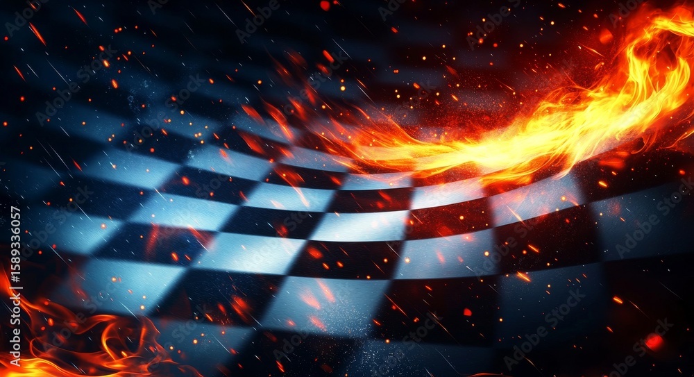 Poster dynamic flames and racing pattern create an energetic background.