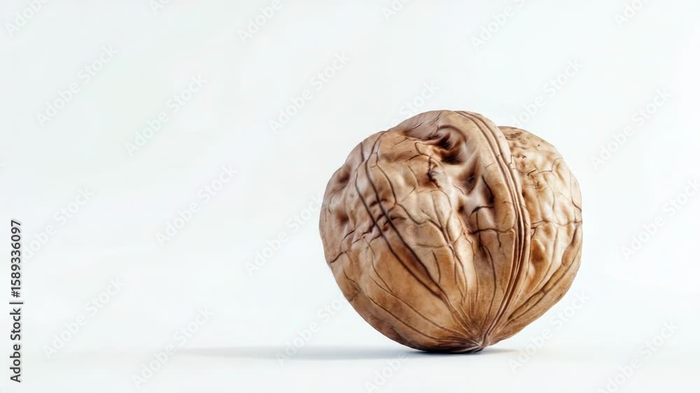 Poster a single walnut shell lying on a clean and plain white surface, suitable for use in food or design-r
