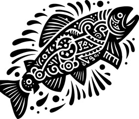Solid Black Silhouette of Salmon Fish in Iconic Traditional Mexican Style

