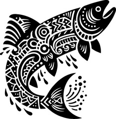 Solid Black Silhouette of Salmon Fish in Iconic Traditional Mexican Style

