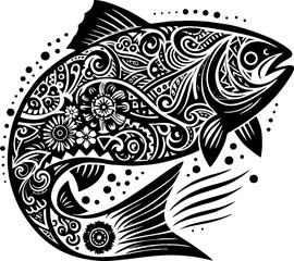 Solid Black Silhouette of Salmon Fish in Iconic Traditional Mexican Style

