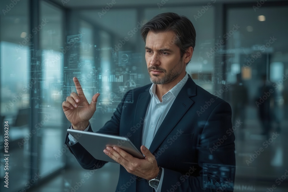Poster focused businessman with digital tablet interacting with futuristic interface, managing data insight