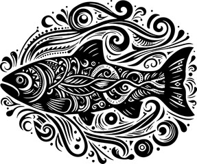 Solid Black Silhouette of Salmon Fish in Iconic Traditional Mexican Style

