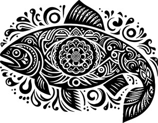 Solid Black Silhouette of Salmon Fish in Iconic Traditional Mexican Style

