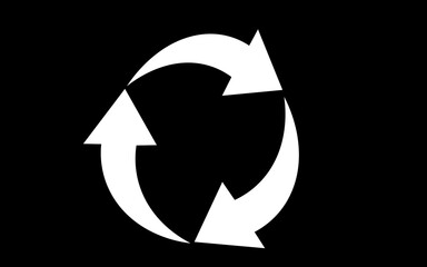 White recycle circular arrows icon on solid black background, minimal vector design representing loop, motion, cycle, or eco process suitable for modern  and concept visuals