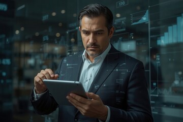 A man in a suit thoughtfully uses a digital tablet in front of interactive data displays.