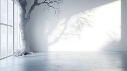 Obraz premium Serene white room featuring a sculptural tree with shadows and sunlight indoors
