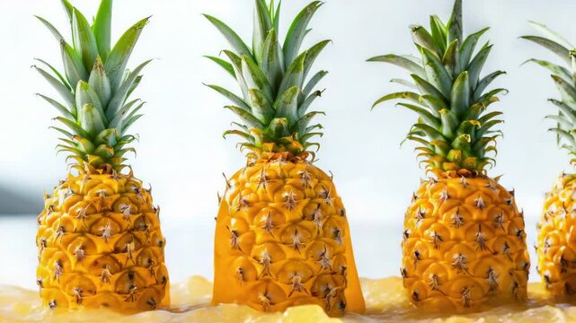 A group of pineapples spilling orange juice on a surface