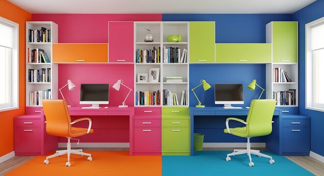 The Chromatic Chaos Office: A vibrant, modern workspace split into contrasting pink-orange and blue-green sections with dual desks, computers, and shelving.