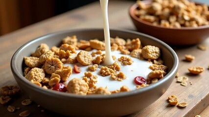 Pouring milk onto a delicious bowl of granola cereal with dried cranberries for a nutritious breakfast - Powered by Adobe