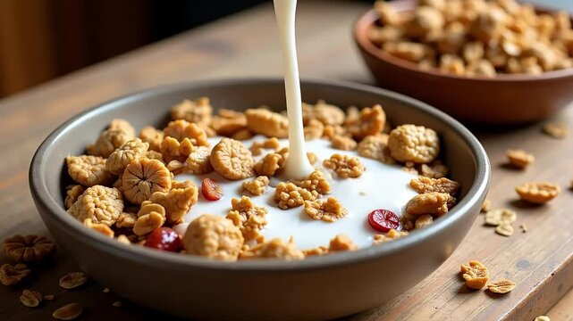 Pouring milk onto a delicious bowl of granola cereal with dried cranberries for a nutritious breakfast