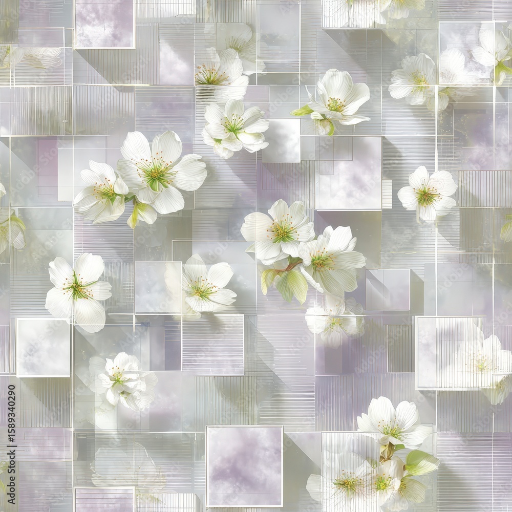 Poster a delicate pattern of white flowers overlaid on a textured geometric background composed of soft pas