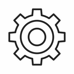 A simple, minimalist line drawing of a single gear or cogwheel, centered on a white background.
