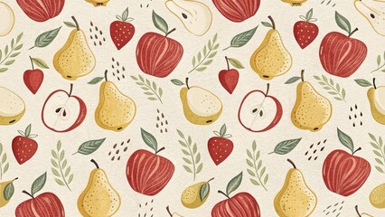 Seamless pattern of apples pears and strawberries for kitchen decor and textile design background