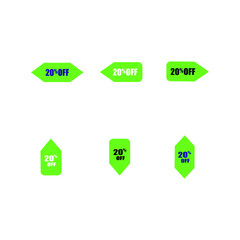 Collection of six green sale tags featuring twenty percent off isolated on transparent background